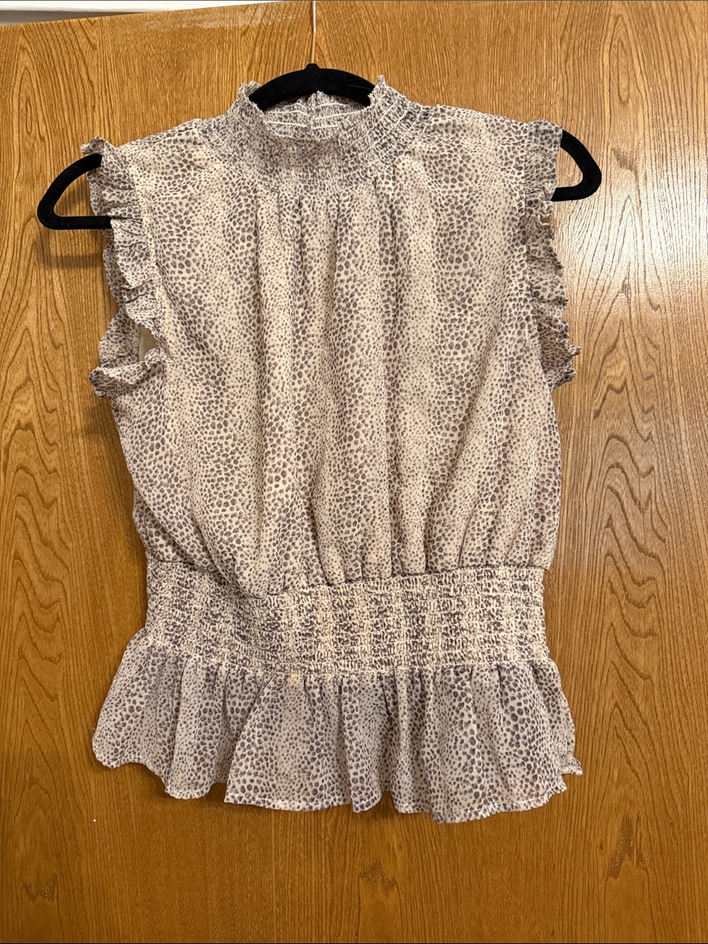 Japna Taupe and Ivory Smocked Waist Ruffle Sleeveless Blouse